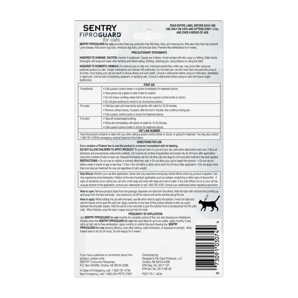 Flea & Tick Cats 1.5 lbs+ Fipronil 6-Month K4118