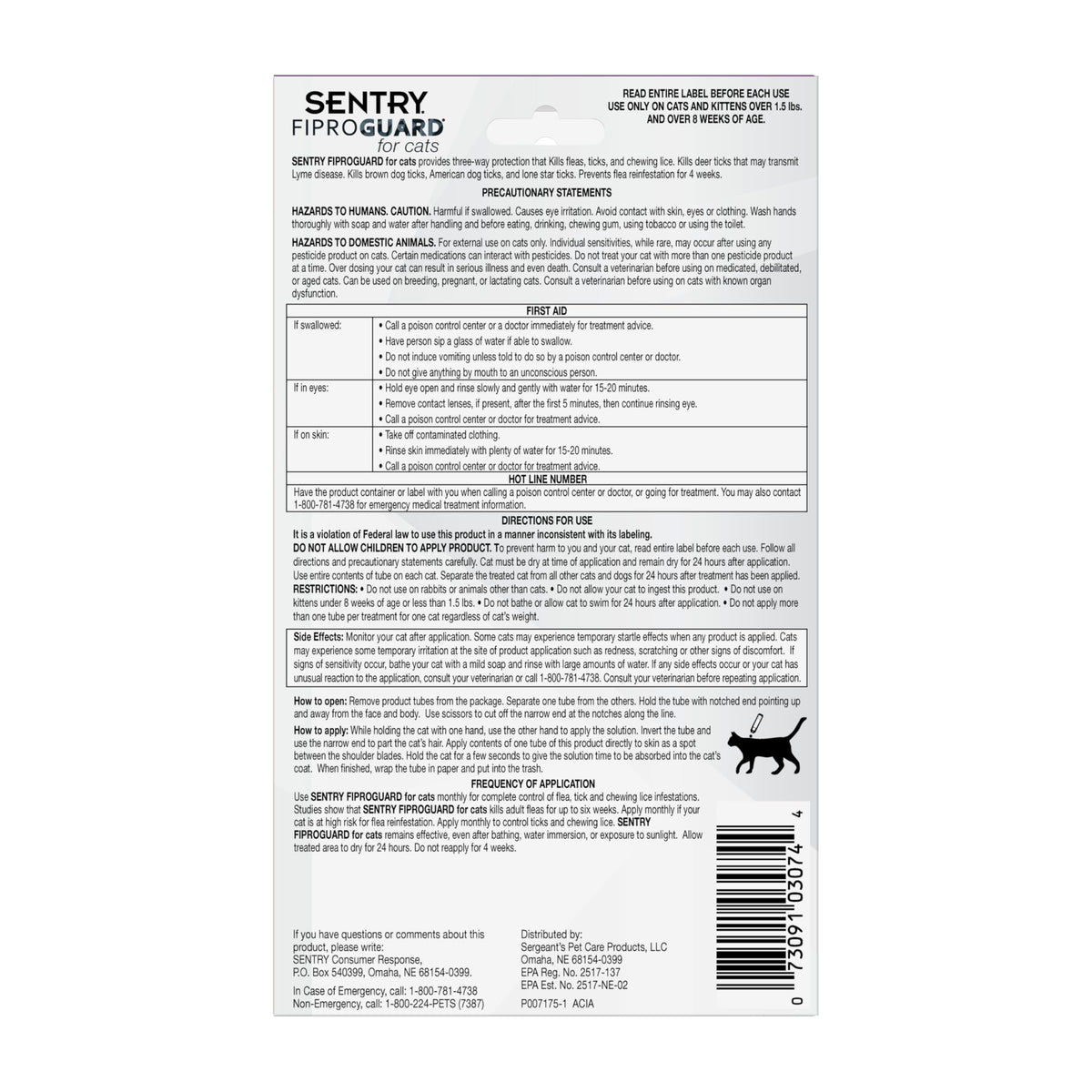 Flea & Tick Cats 1.5 lbs+ Fipronil 6-Month K4118