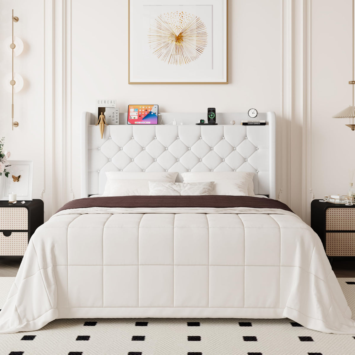 Queen Bed Frame with Storage Headboard and Charging Station L9518