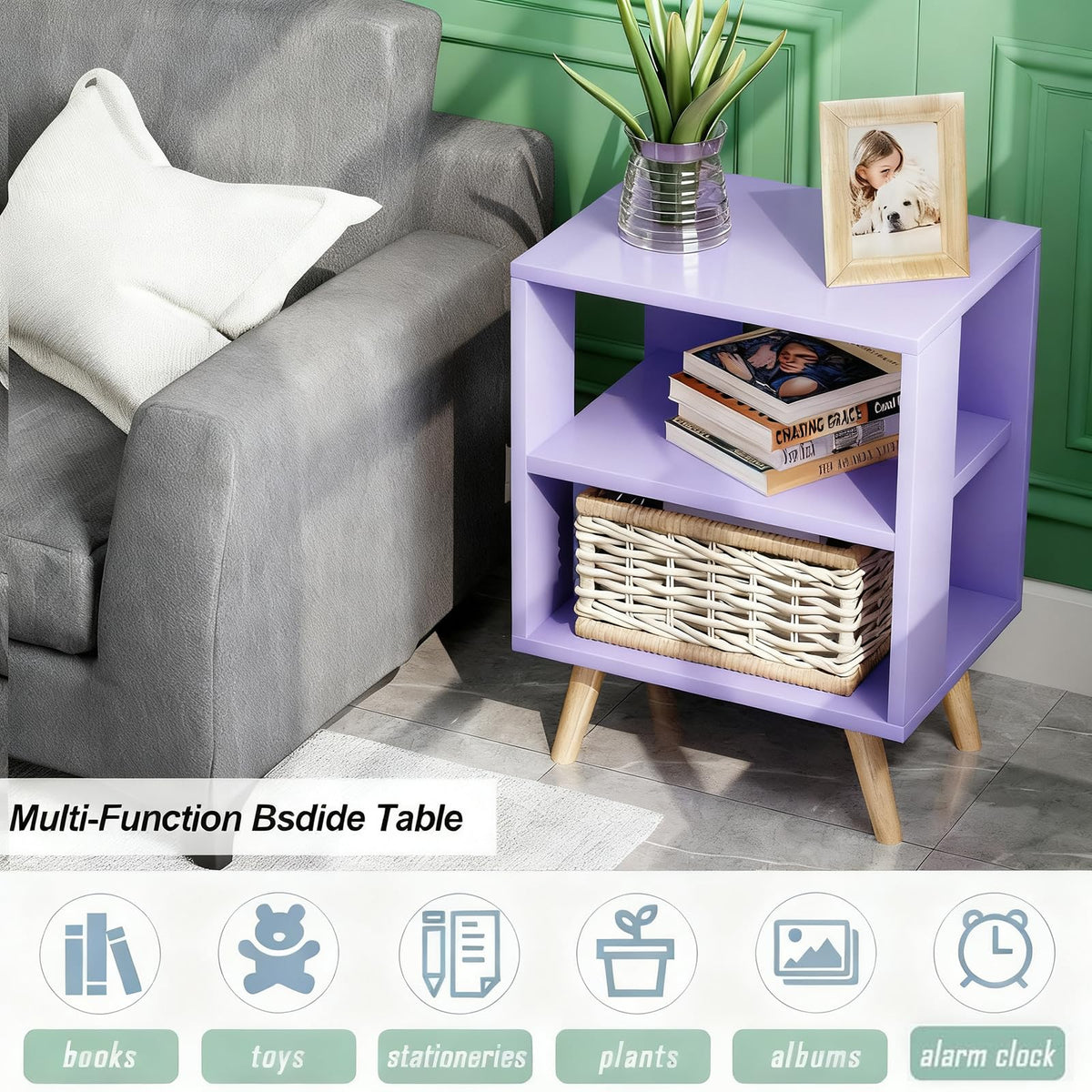 Purple 2-Tier Wooden Nightstand O9447