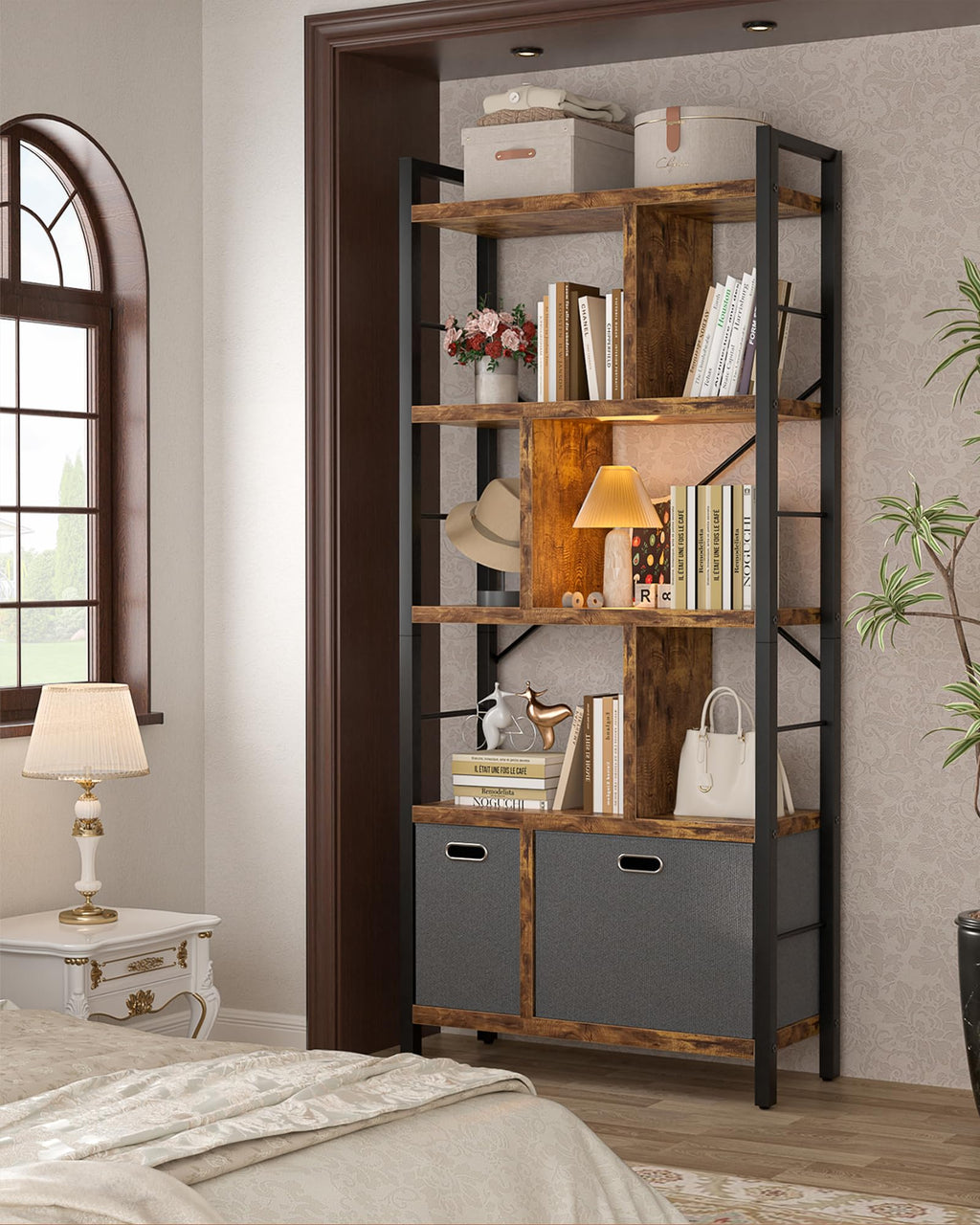 5 Tier Rustic Brown Bookshelf with Drawers D941255