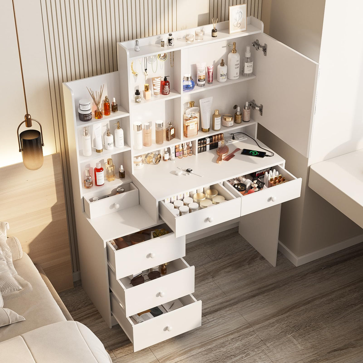 White Vanity Desk with Lighted Mirror and 6 Drawers R60334