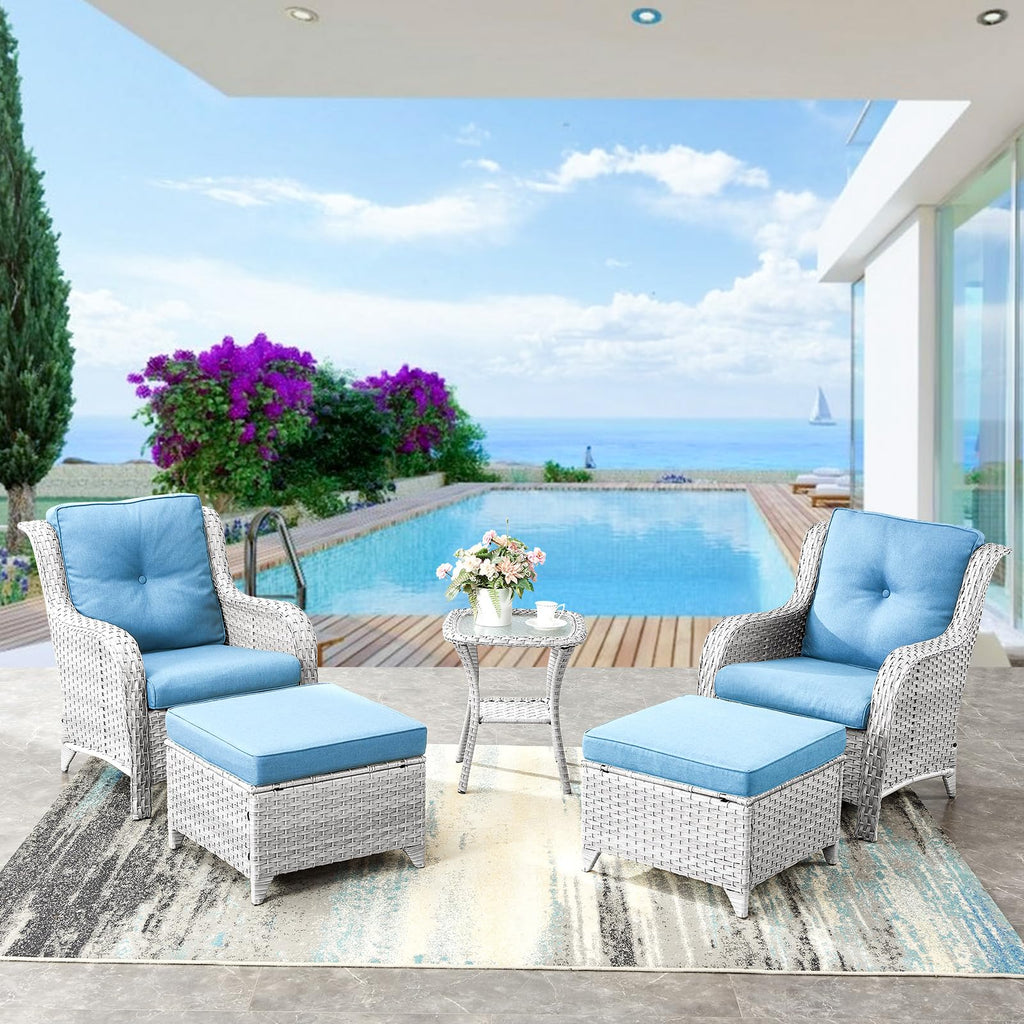 Wicker Outdoor Ottomans Set of 2 Handwoven Rattan Footstools with Removable Cushions A5601