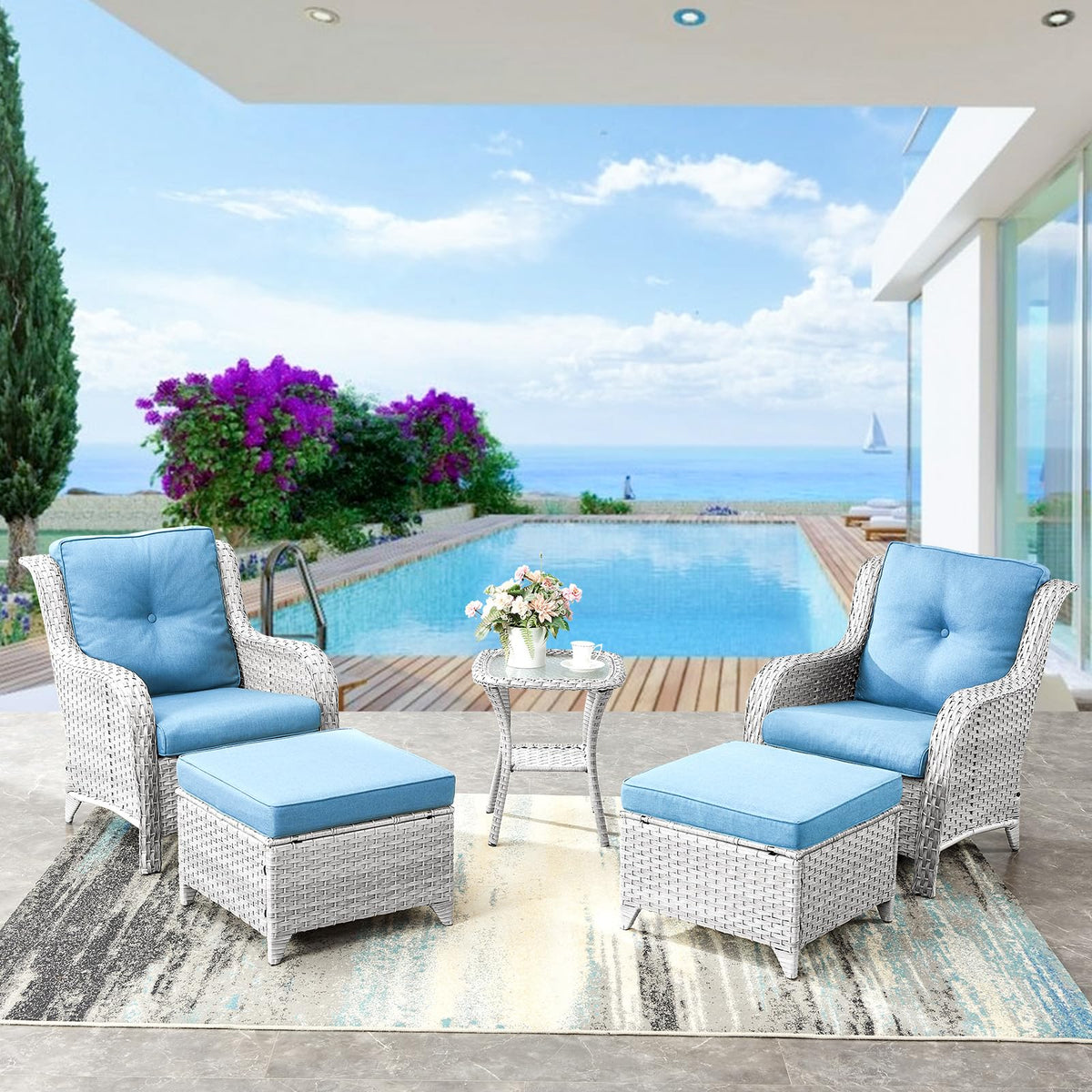 Wicker Outdoor Ottomans Set of 2 Handwoven Rattan Footstools with Removable Cushions A5601