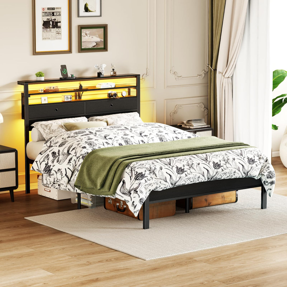 Full Size Bed Frame with Headboard & 2 Fabric Drawers V4945