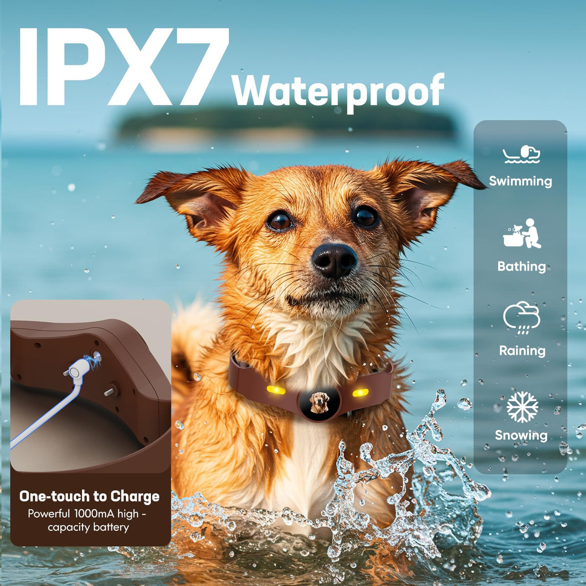 Wireless Dog Fence Collar, 64-3280ft Adjustable, Rechargeable IP7 Waterproof, Brown V4075