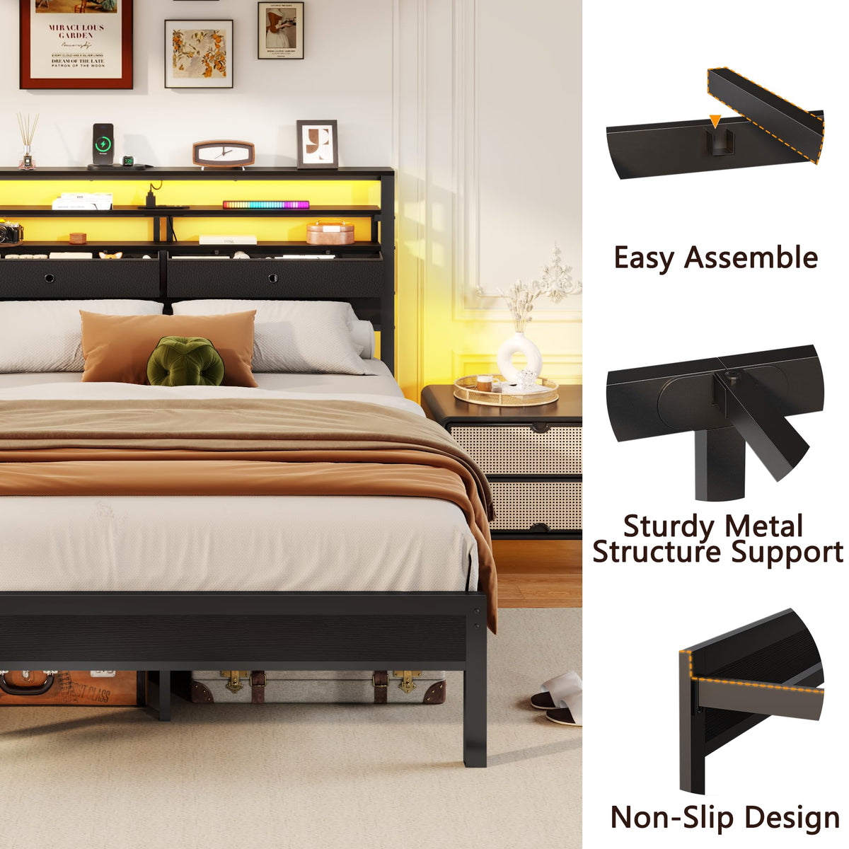 Full Size Bed Frame with Headboard & 2 Fabric Drawers V4945