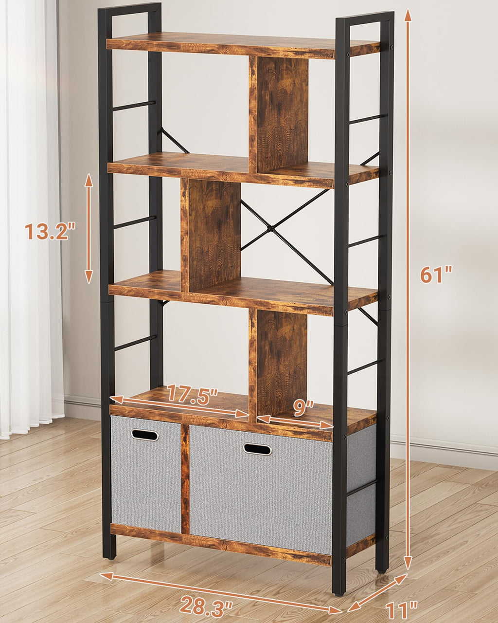 5 Tier Rustic Brown Bookshelf with Drawers D941255
