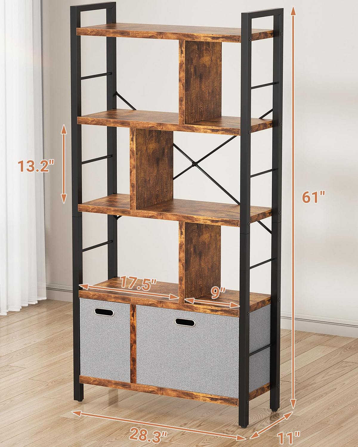 5 Tier Rustic Brown Bookshelf with Drawers D941255