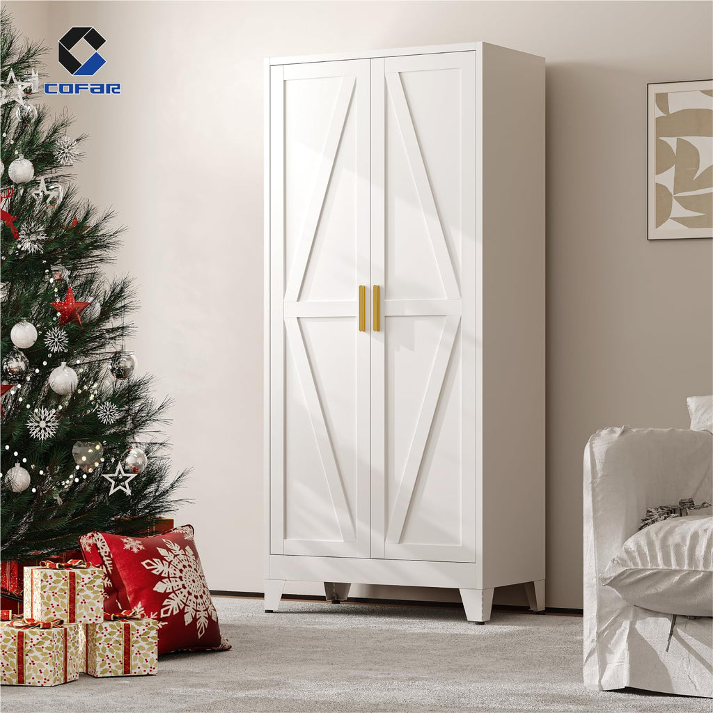 Metal Wardrobe Closet with Doors, 71'' Tall Steel Armoire with Shelves M96186
