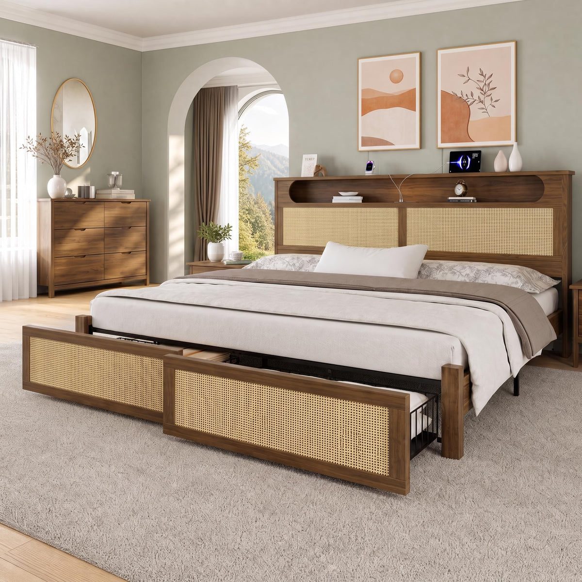 Queen Size Rattan Bed Frame with 2 Storage Drawers M8424