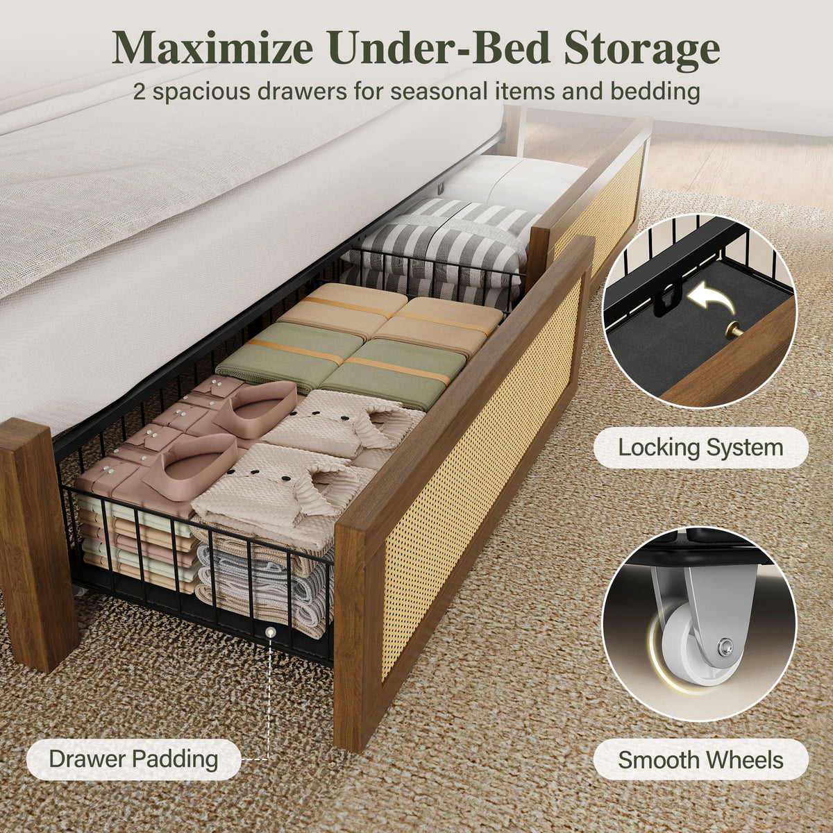 Queen Size Rattan Bed Frame with 2 Storage Drawers M8424