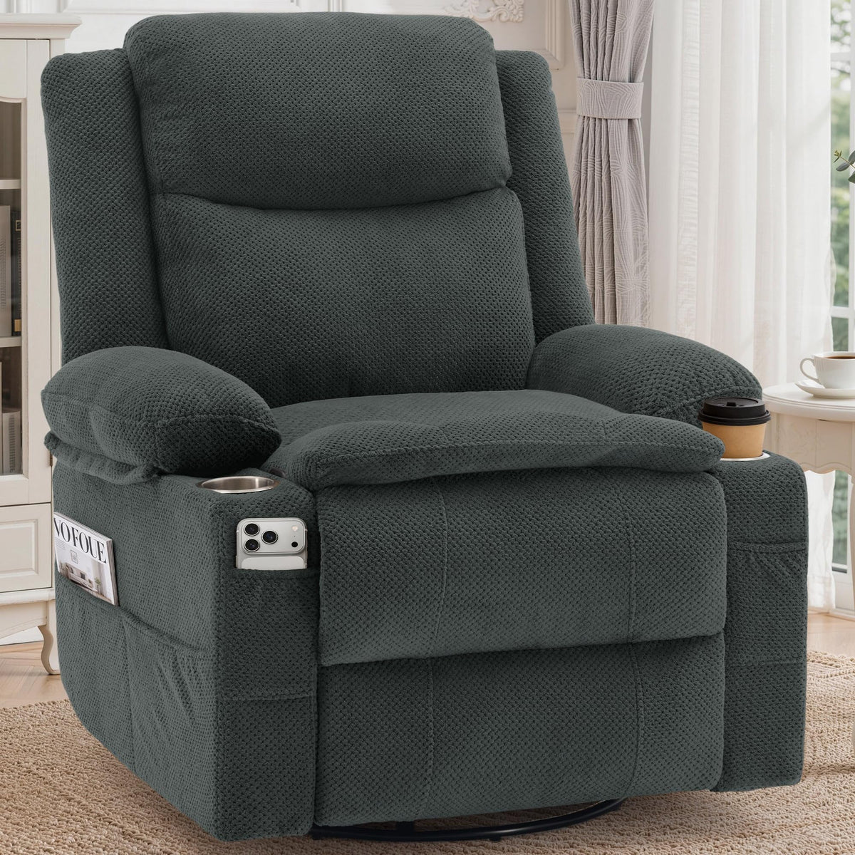 Gray Swivel Rocker Recliner with Massage & Heat F50894