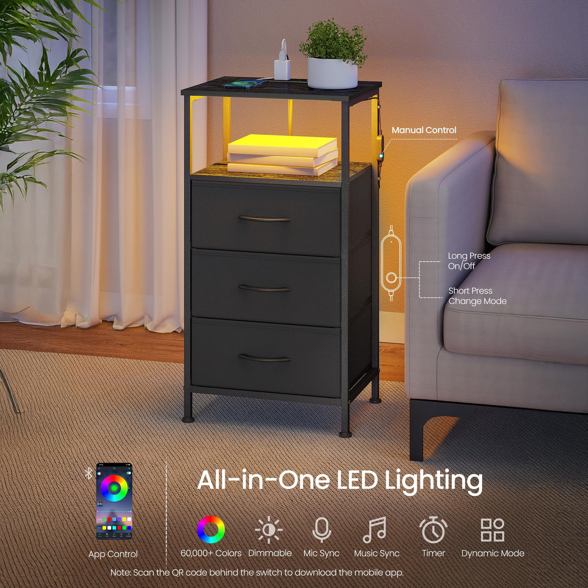 Nightstand with Charging Station, 3 Fabric Drawers J8109