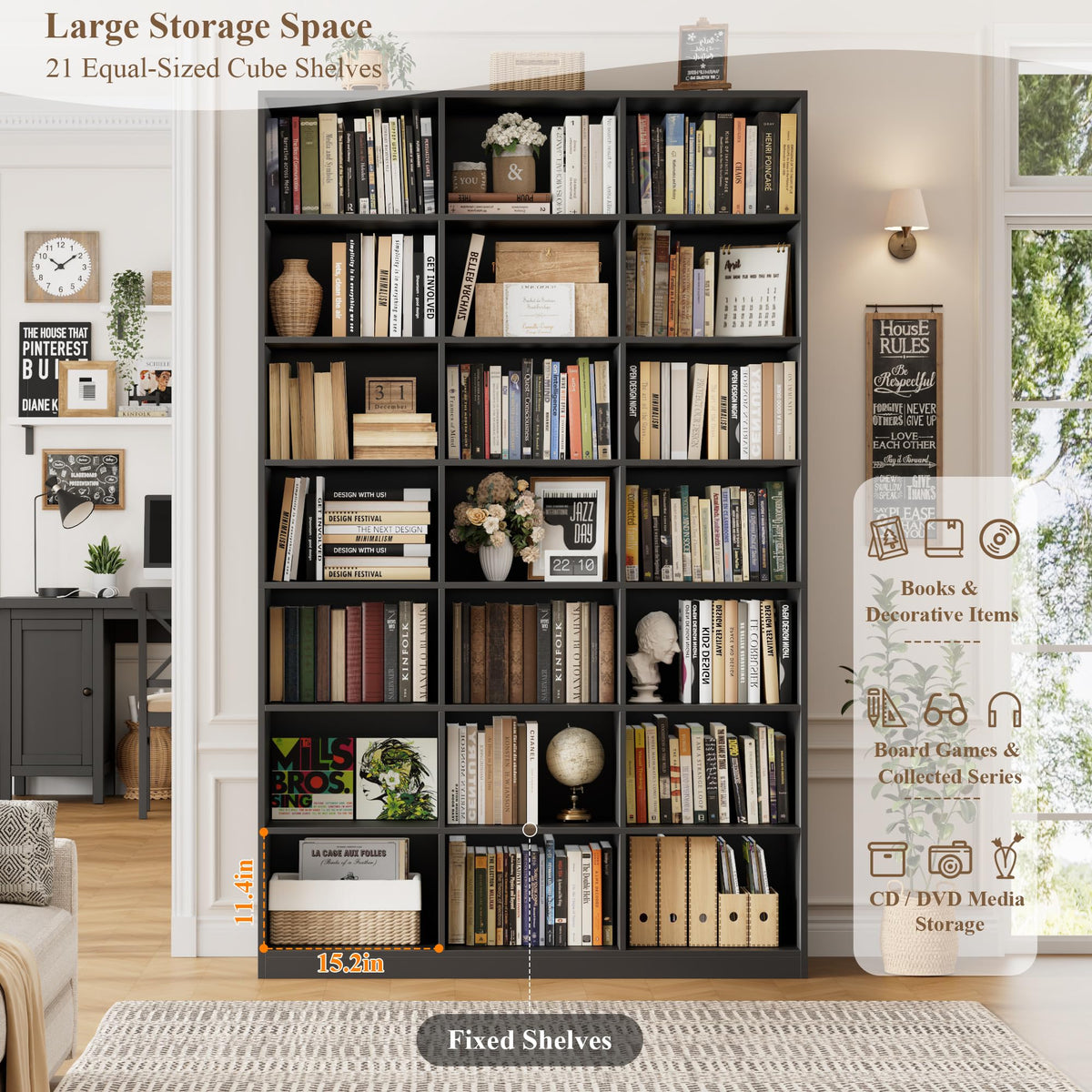 86" Triple Wide Black Bookshelf and Bookcase G14024